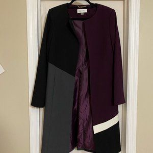 Calvin Klein Dress Coat, Color Blocked, Maroon, White, Grey, Black, Size 10